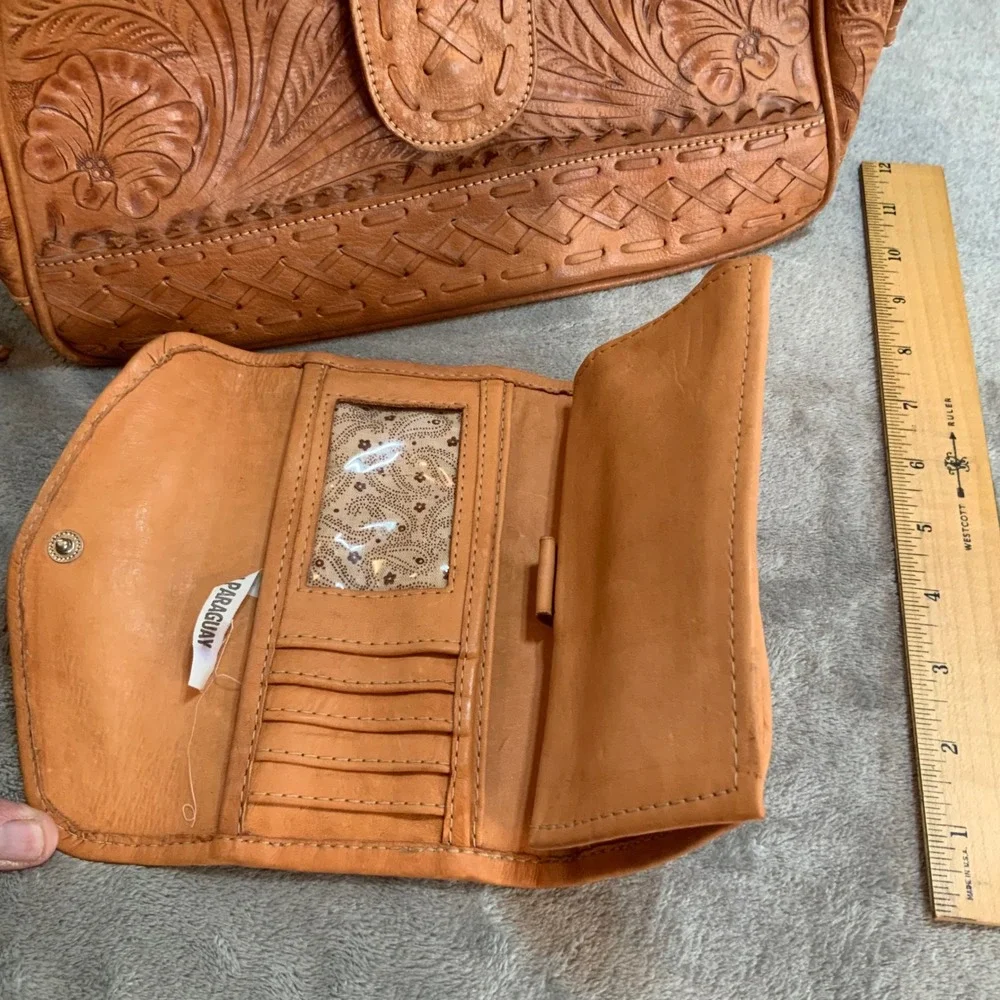 American West Hand Tooled Leather Bag and Wallet Set Tan Floral Cottagecore